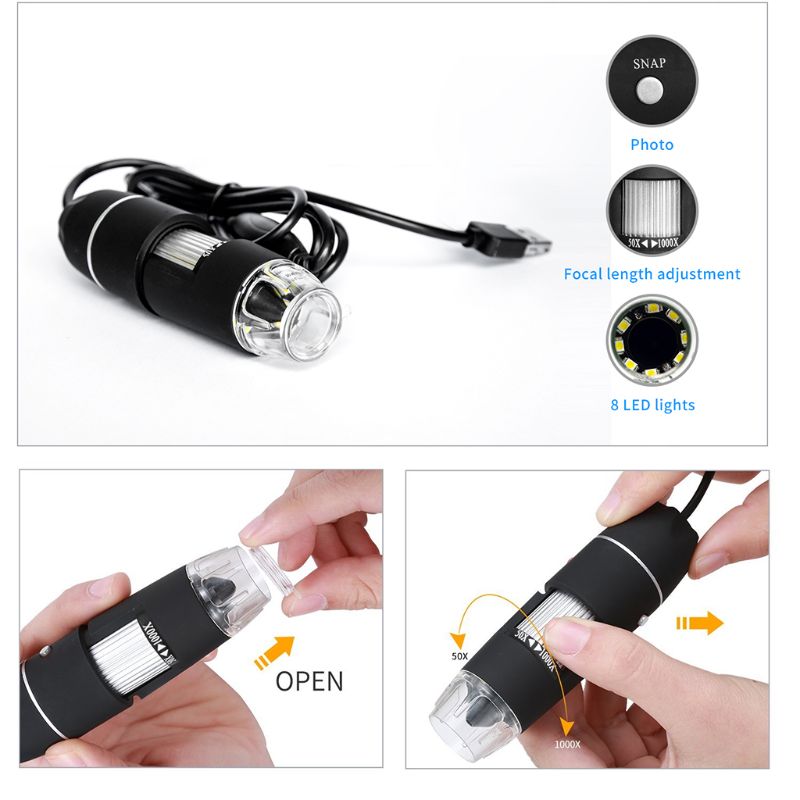 1000x Microscopio digital USB de alta potencia Cámara de microscopio 3 en 1 PCB con 8 luces LED y soporte para microscopio para persona Compatible con Windows Android y Mac RUIZHI Microscopio USB 